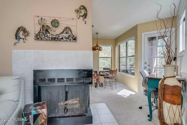miscellaneous room with light carpet and a fireplace