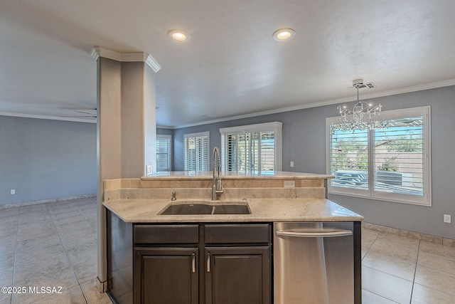 kitchen with sink, light stone counters, dark brown cabinets, light tile patterned floors, and ornamental molding