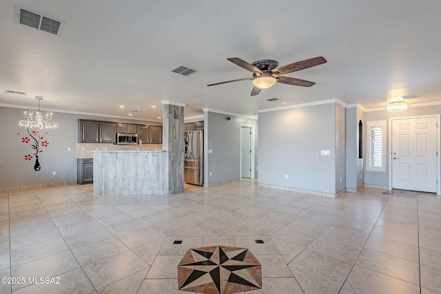 unfurnished living room featuring light tile patterned floors, crown molding, and ceiling fan with notable chandelier