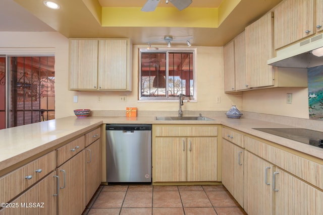 kitchen featuring a sink, under cabinet range hood, light brown cabinets, and stainless steel dishwasher