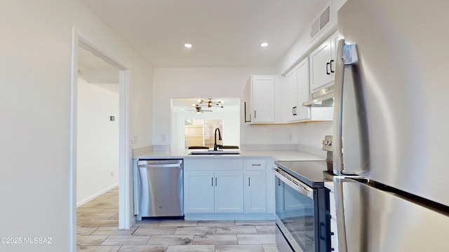 kitchen featuring sink, ceiling fan, white cabinets, and appliances with stainless steel finishes