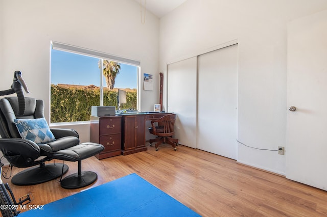 sitting room featuring a towering ceiling and light hardwood / wood-style floors