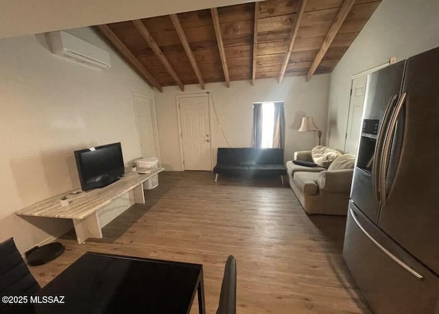 2221 S Sahuara Ave, Tucson, AZ 85711 - living room featuring wood ceiling, vaulted ceiling with beams, an AC wall unit, and wood finished floors