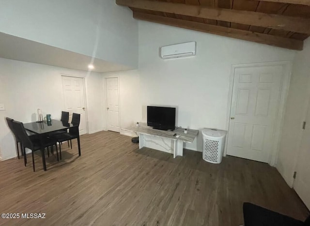 2221 S Sahuara Ave, Tucson, AZ 85711 - living area featuring high vaulted ceiling, a wall mounted AC, beam ceiling, and wood finished floors