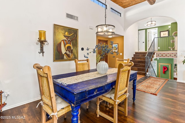 dining space featuring dark hardwood / wood-style floors and a chandelier