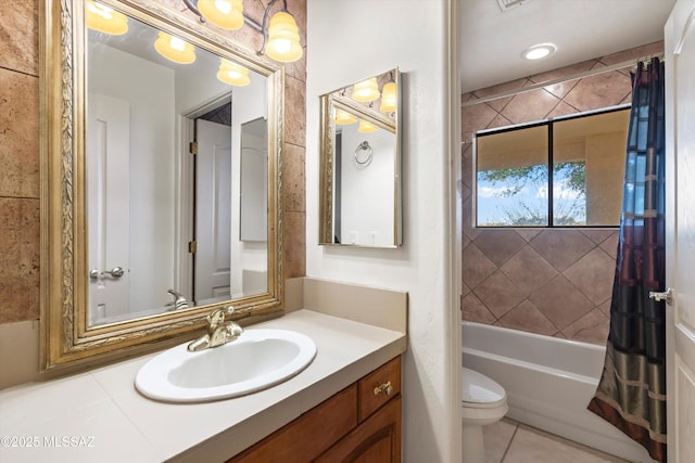 full bathroom with vanity, tile patterned flooring, shower / bath combo, and toilet