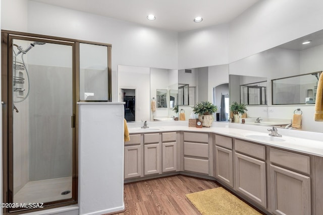 bathroom featuring double vanity, wood finished floors, a stall shower, and a sink