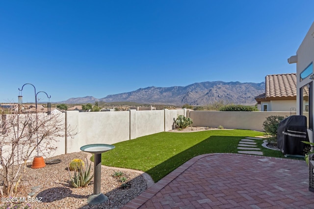 view of yard with a patio area, a fenced backyard, and a mountain view