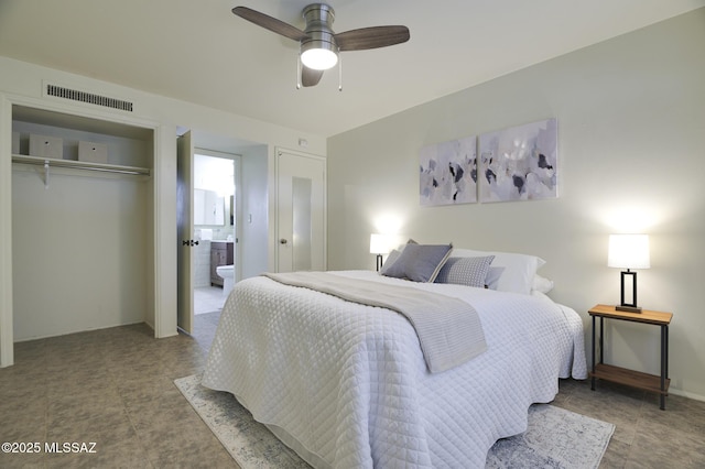 328 S Paseo Pena Unit C, Green Valley, AZ 85614 - bedroom featuring connected bathroom, a closet, ceiling fan, and visible vents