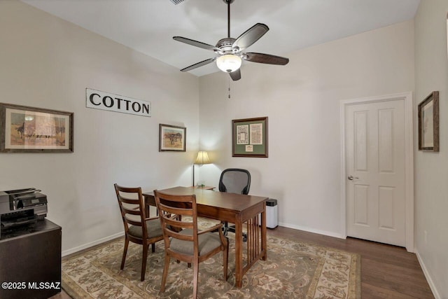 office with dark hardwood / wood-style floors and ceiling fan