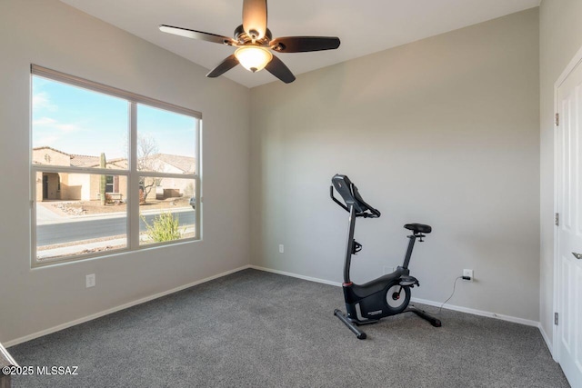 workout area with carpet floors and ceiling fan