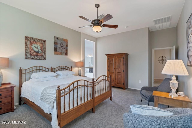 bedroom featuring baseboards, visible vents, carpet, and ceiling fan