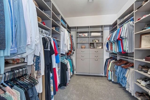 walk in closet featuring light carpet