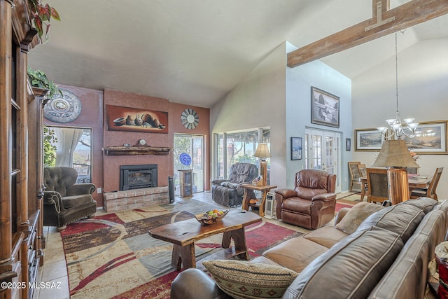 3910 S Via Del Ruisenor, Green Valley, AZ 85622 - living room with french doors, high vaulted ceiling, a brick fireplace, a notable chandelier, and beamed ceiling