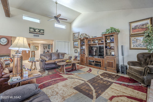3910 S Via Del Ruisenor, Green Valley, AZ 85622 - living room featuring high vaulted ceiling and ceiling fan