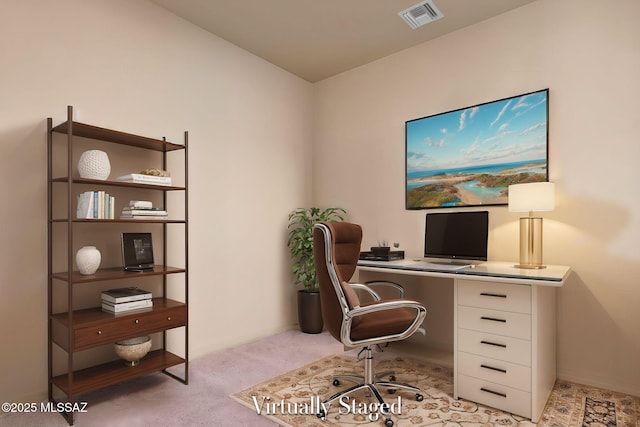 view of carpeted home office