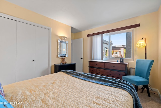 bedroom featuring carpet flooring and a closet