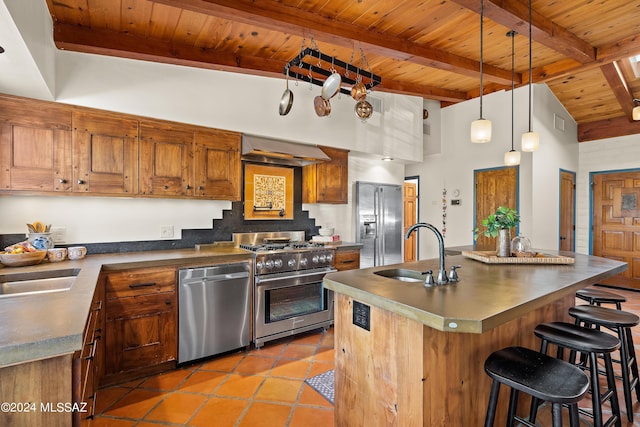 kitchen with sink, premium appliances, custom exhaust hood, a kitchen island with sink, and wood ceiling