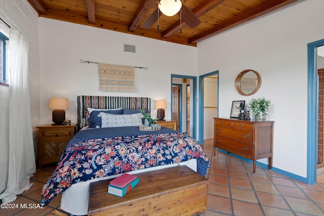 bedroom with beamed ceiling, wooden ceiling, and tile patterned floors