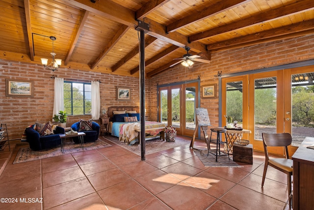 tiled bedroom featuring access to exterior, wood ceiling, a chandelier, and brick wall