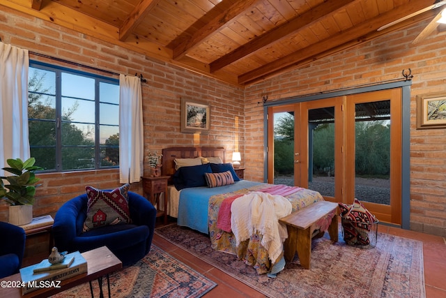 bedroom with brick wall, access to exterior, wooden ceiling, and lofted ceiling with beams