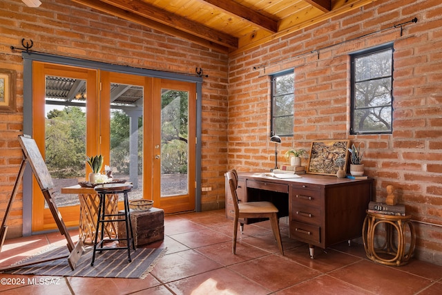 office area featuring plenty of natural light, wooden ceiling, and beam ceiling