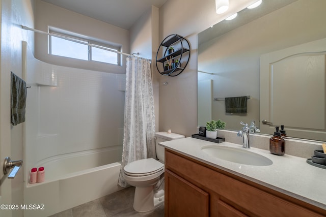 full bathroom with shower / bathtub combination with curtain, vanity, tile patterned flooring, and toilet