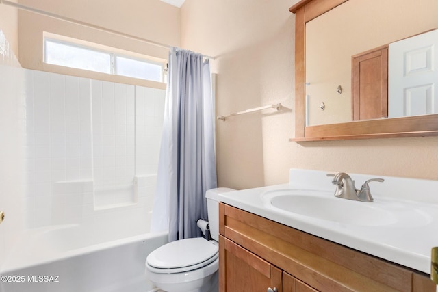 full bathroom featuring shower / bath combination with curtain, vanity, and toilet