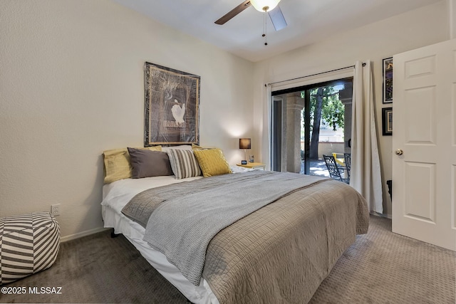 bedroom featuring carpet floors, access to outside, and ceiling fan