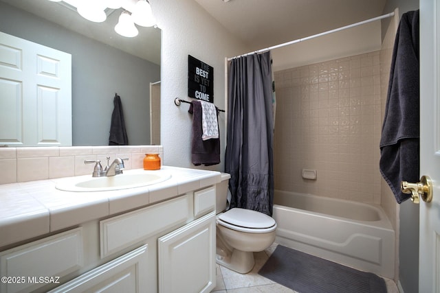 full bathroom with shower / tub combo with curtain, tile patterned floors, toilet, vanity, and decorative backsplash