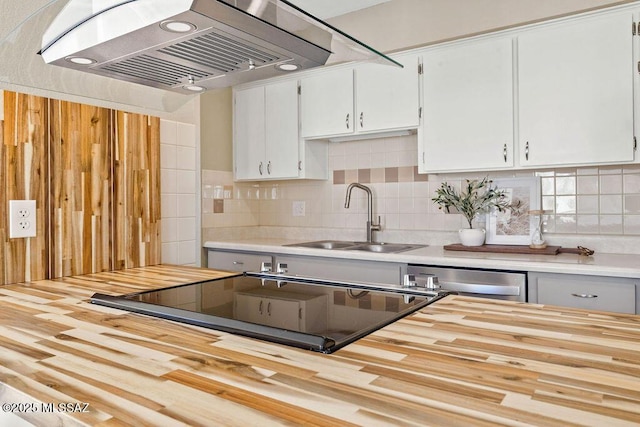 kitchen featuring sink, white cabinetry, tasteful backsplash, dishwasher, and exhaust hood