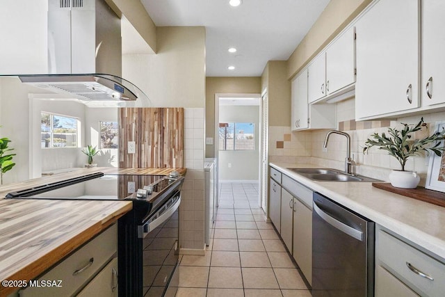 kitchen with sink, dishwasher, white cabinetry, electric range, and island exhaust hood