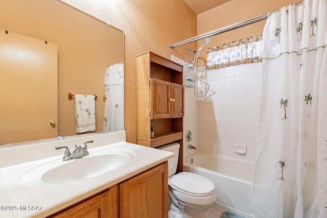 full bathroom featuring vanity, shower / tub combo, and toilet