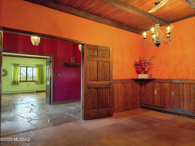 spare room featuring beamed ceiling, an inviting chandelier, baseboard heating, and wooden ceiling