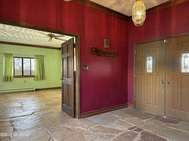 foyer entrance featuring an inviting chandelier, a baseboard radiator, and ornamental molding