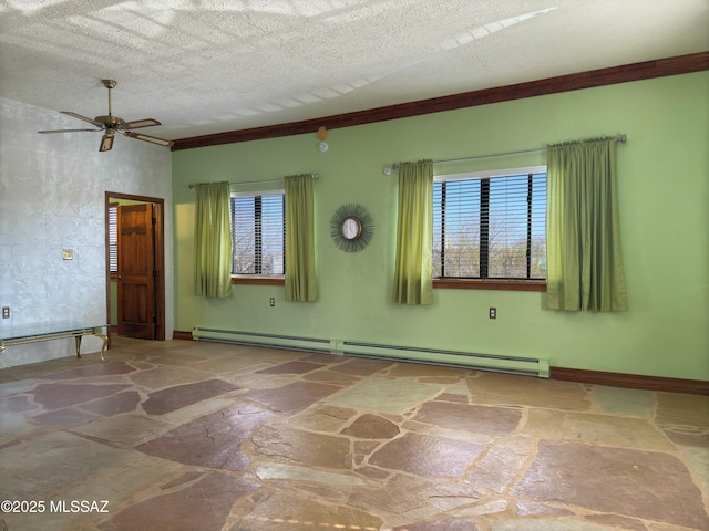 empty room featuring a baseboard radiator, ceiling fan, and a textured ceiling