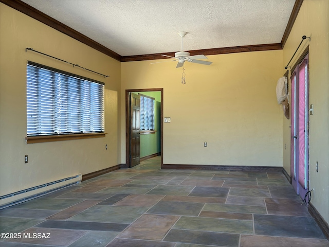 unfurnished room with ceiling fan, crown molding, a textured ceiling, and baseboard heating