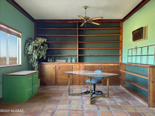 dining area with a wall mounted air conditioner, crown molding, a textured ceiling, and ceiling fan