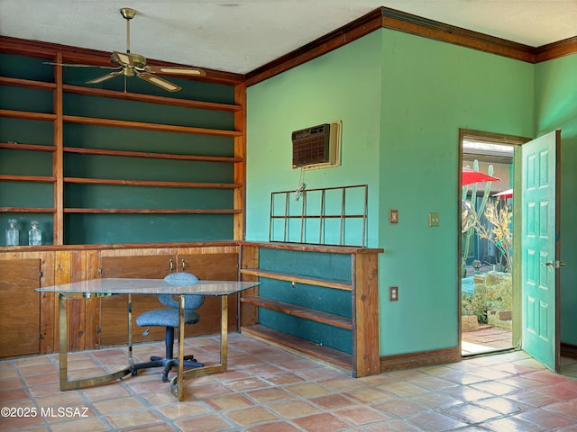 office area with crown molding, ceiling fan, a wall mounted air conditioner, and a textured ceiling