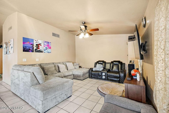 tiled living room with ceiling fan