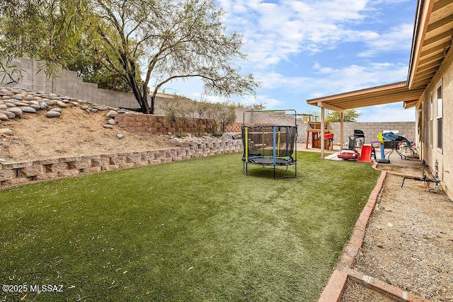 view of yard featuring a trampoline and a playground