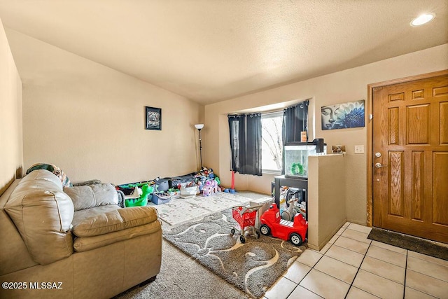 tiled living room featuring lofted ceiling