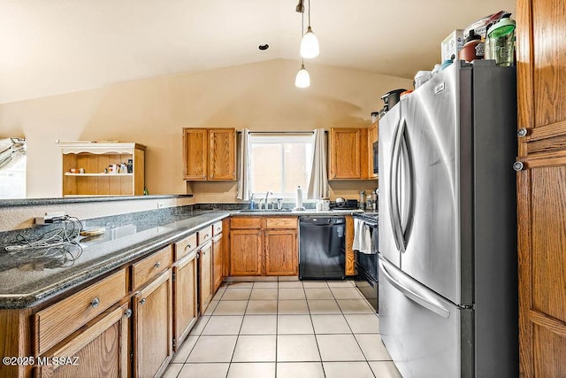 kitchen featuring light tile patterned floors, sink, black appliances, decorative light fixtures, and vaulted ceiling