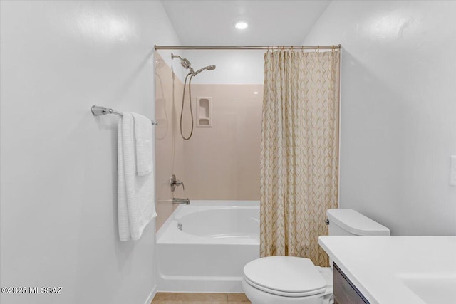 full bath with tile patterned flooring, vanity, shower / tub combo with curtain, toilet, and recessed lighting
