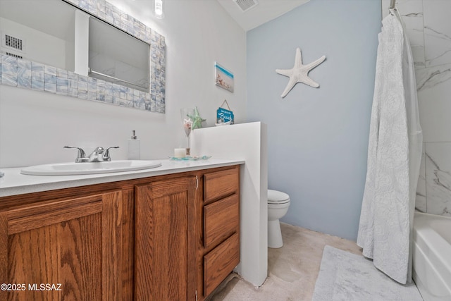 full bathroom with vanity, toilet, and shower / bath combo with shower curtain