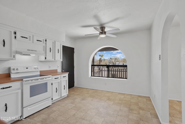 kitchen with white cabinetry, ceiling fan, and white electric range oven