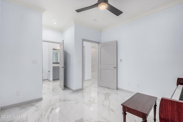 bedroom with crown molding and ceiling fan