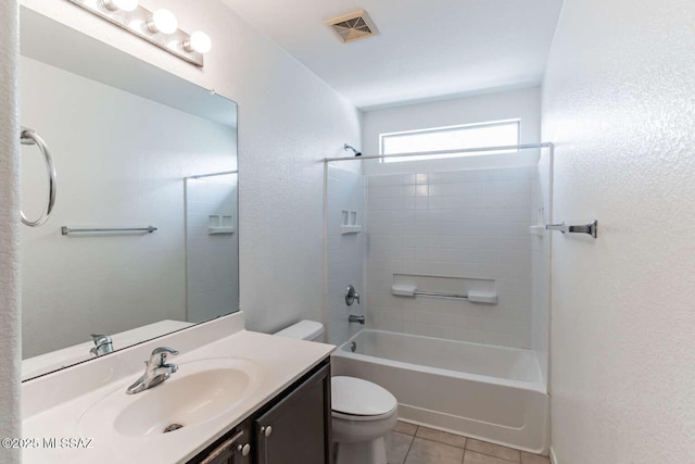 full bathroom with tile patterned floors, shower / washtub combination, toilet, and vanity