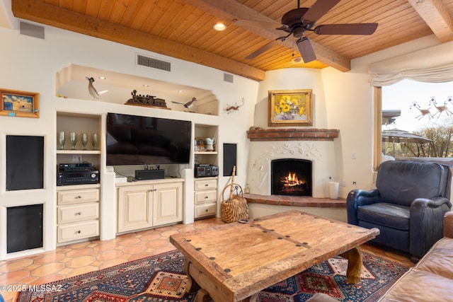 living area with a fireplace, visible vents, wood ceiling, built in features, and beamed ceiling