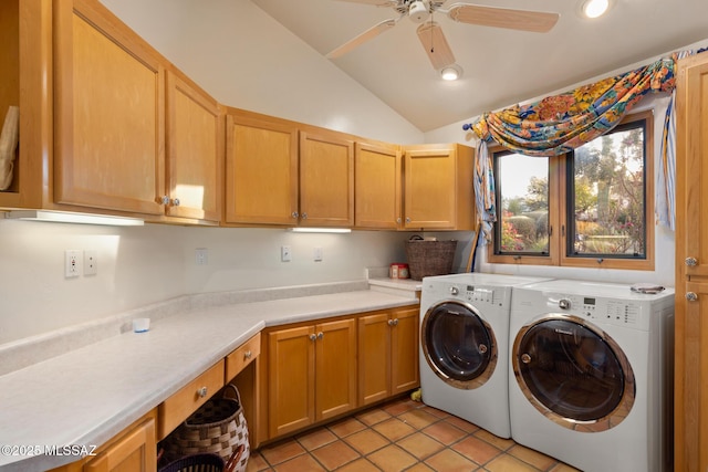 laundry room with light tile patterned floors, ceiling fan, recessed lighting, washer and dryer, and cabinet space